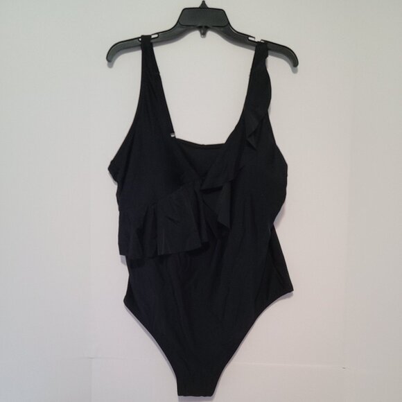 KONA SOL BLACK ASYMMETRICAL SHOULDER RUFFLE HIGH COVERAGE ONE PIECE SIZE 22 W - Picture 4 of 12